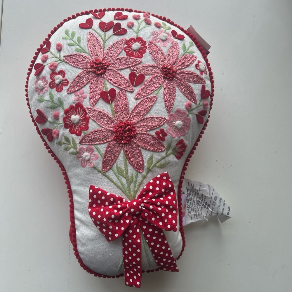 Mother’s Day Flower Bouquet Embroidered Throw Pillow with Red Polka Dot Bow